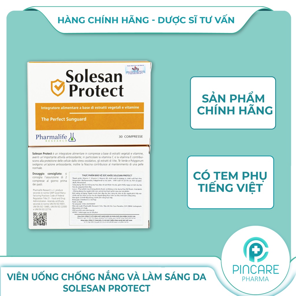 Viên uống chống nắng và làm sáng da SOLESAN PROTECT (30 viên) - Hàng chính hãng - Nhà thuốc Pincare