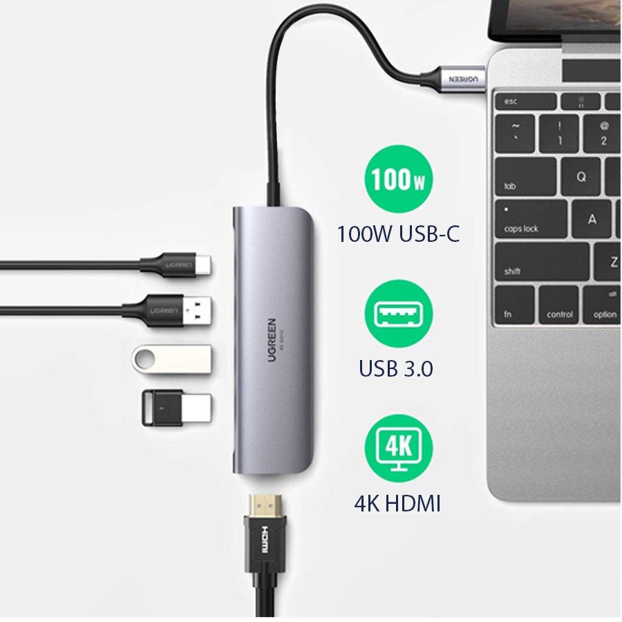 Hub USB C 5 in1 Cao Cấp Ugreen 70495-Type to HDMI 4K@60Hz+USB 3.0 PD100W CHính Hãng CM136