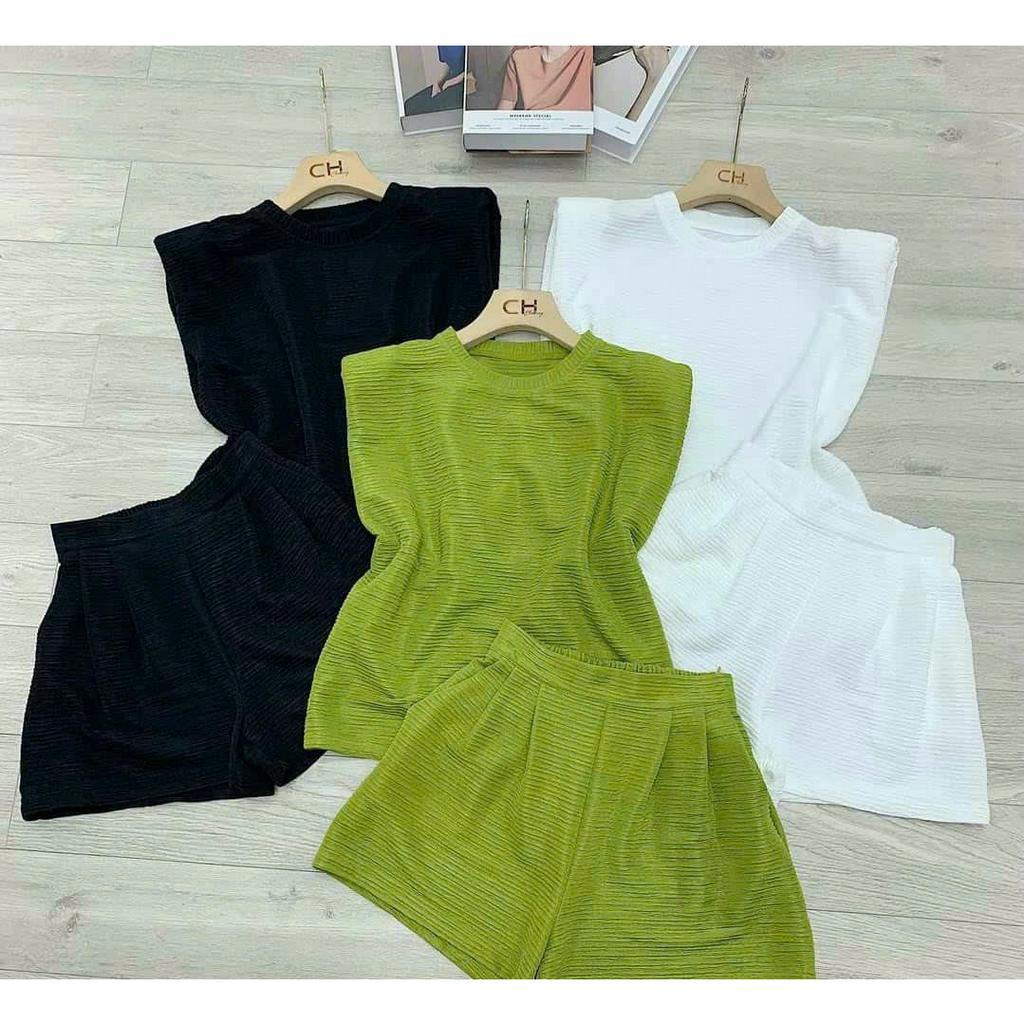 Sét bộ đồ nữ áo cổ tròn phối thun xốp co giãn thoải mái mix quần đùi tôn dáng dễ thương cực xinh đi chơi
