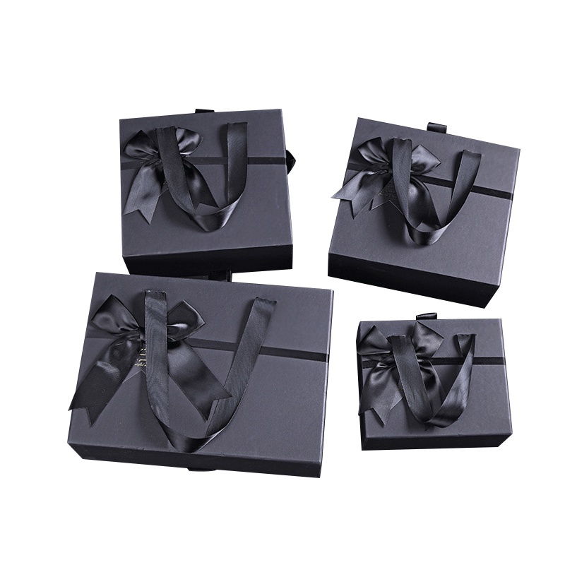 Set hộp giấy bìa cứng đen sang trọng có nơ tặng sinh nhật bạn gái bạn trai đối tác, valentine, ngày lễ có quai