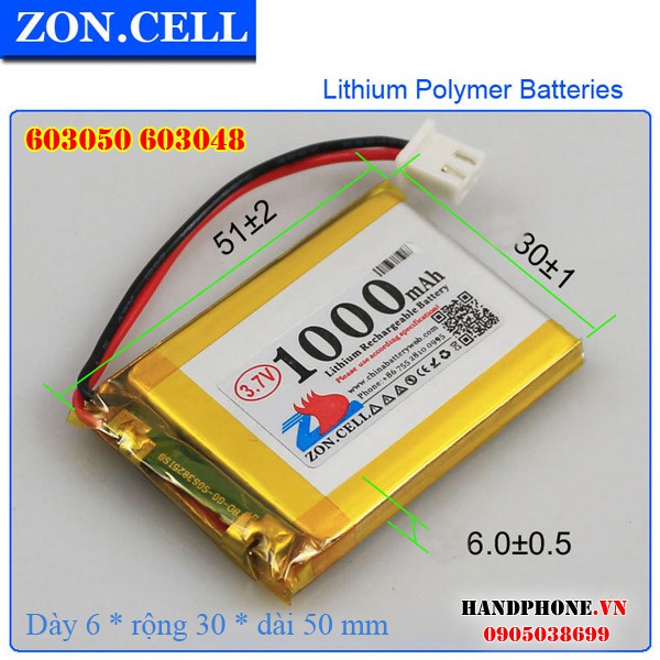 Pin Li-Po ZonCell 3.7V 1000mAh 603050 603048 cho điện thoại, Loa Bluetooth, Camera hành trình, định vị GPS, cân điện tử