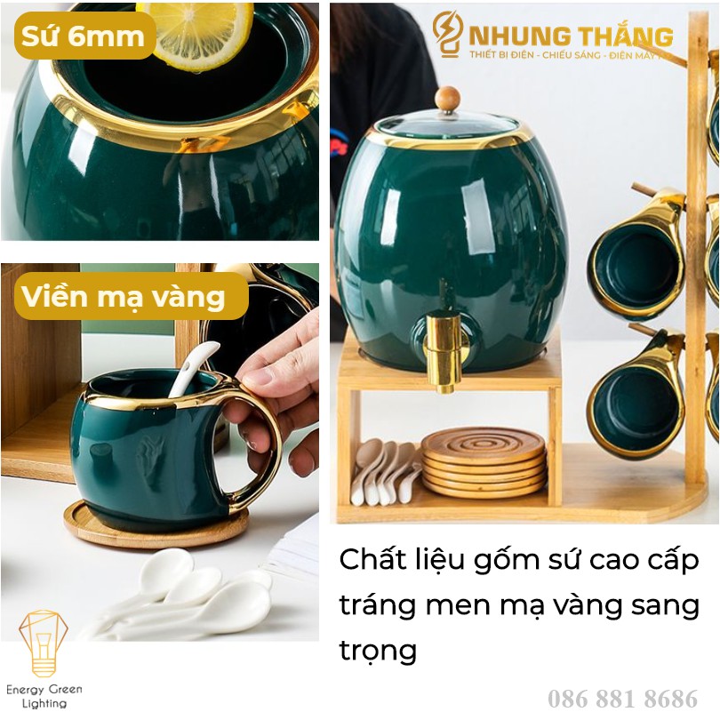 Bộ Chum Trà 6 Ly Bằng Sứ Cao Cấp - Dung Tích 3L - Tặng Kèm Kệ Gỗ - Chum Trà Sứ Đa Năng Nước Detox, Nước Hoa Quả,Trà Nóng