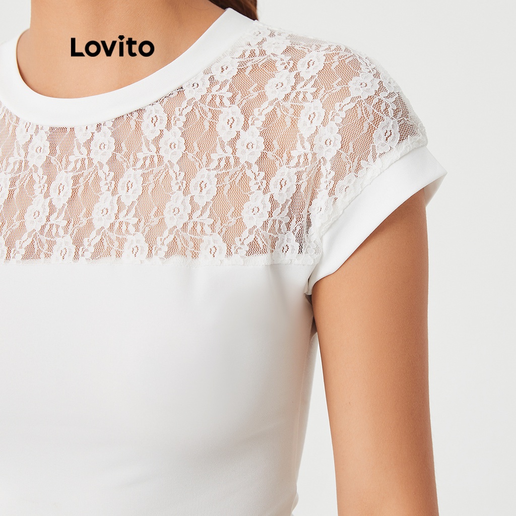 Áo thun Lovito kẻ sọc phối ren tương phản phong cách thanh lịch L27ED085 (màu trắng)