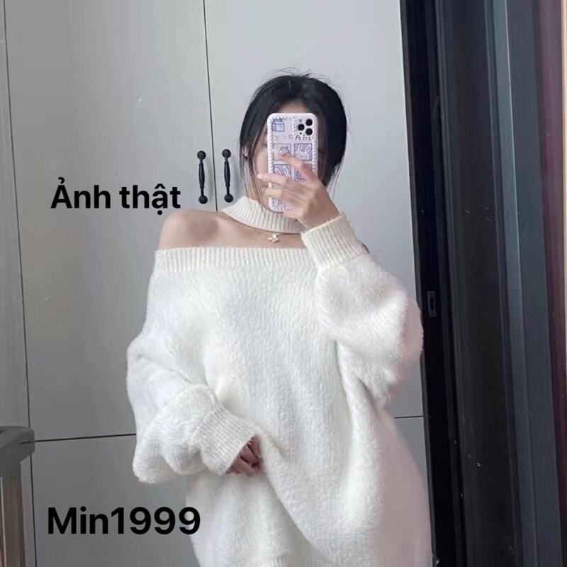 Áo len nữ dáng rộng , có thể mặc giấu quần . Áo len trễ vai . b nào tầm dưới 160cm mặc ok đó ạ | BigBuy360 - bigbuy360.vn