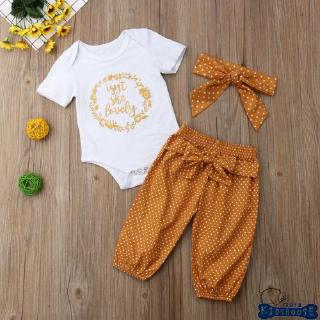 Bộ đồ bé gái 3 món áo thun tay ngắn + quần dài + băng rôn đeo trán thiết kế dễ thương