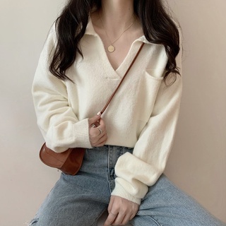 Áo len phối cổ polo trơn hàn quốc