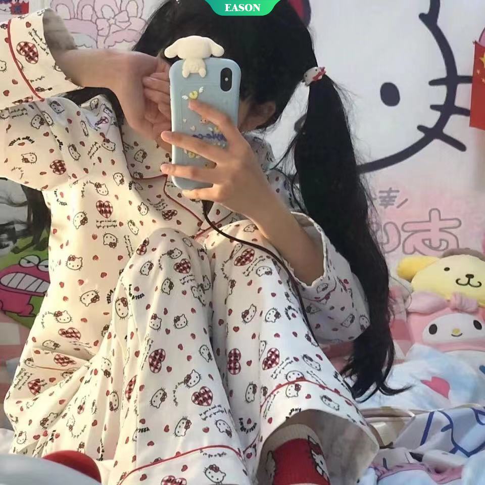 Bộ Đồ Ngủ Tay Dài In Hoạt Hình Mèo Hello Kitty Xinh Xắn Thời Trang Xuân Thu Cho Nữ