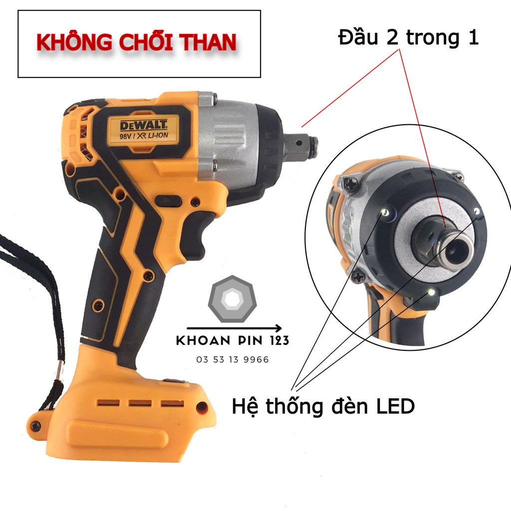 Máy siết mở bulong Dewalt loại đẹp không than, 3 đèn Led