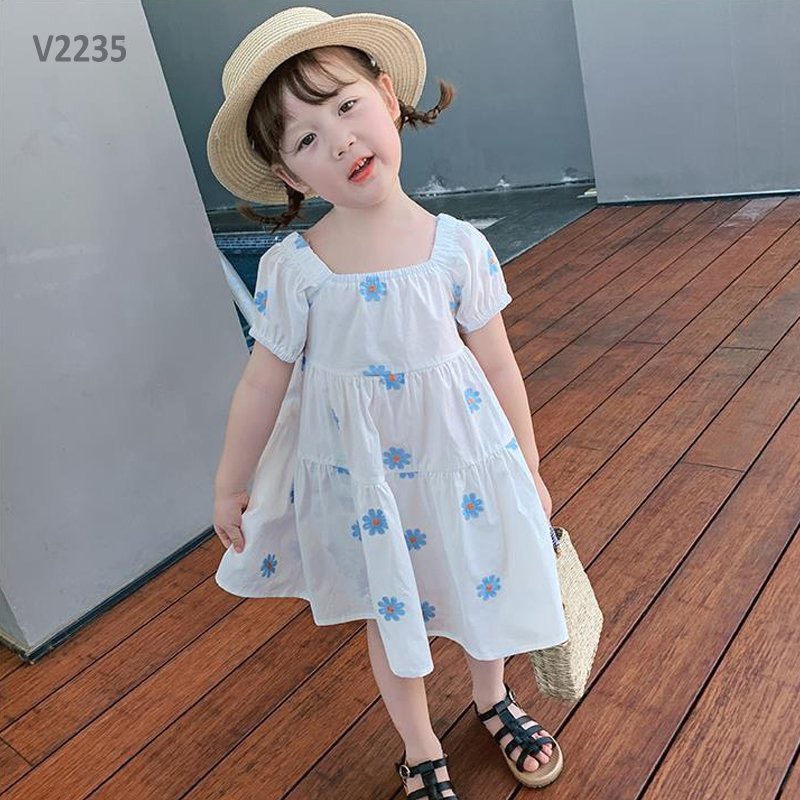 (13-21kg)QCCC-Váy trắng hoa cúc thêu cho bé gái ngày hè(clip thật)