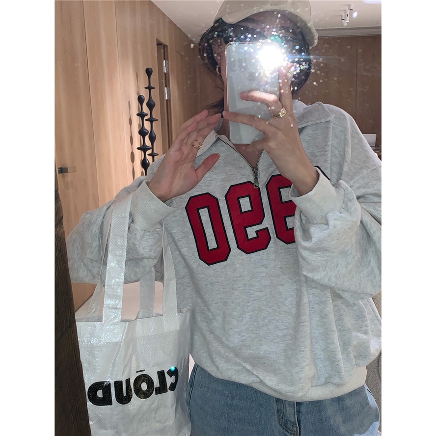 Porozi  Áo sweater tay dài cổ bẻ in họa tiết phong cách Hàn Quốc thời trang dành cho nữ