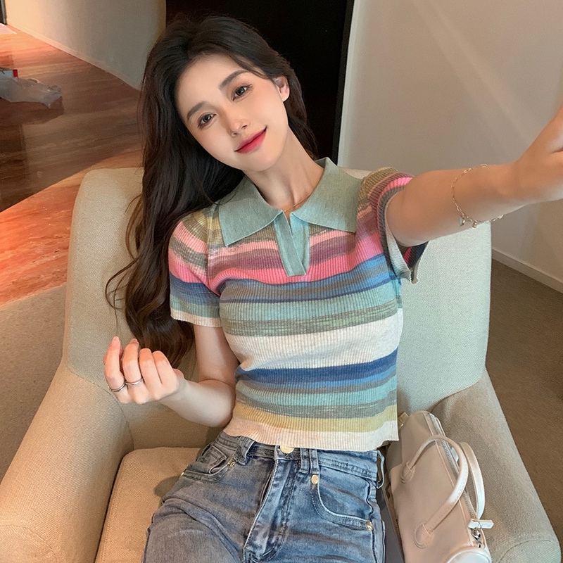 Áo thun ZHELIHANGFEI cổ polo tay ngắn họa tiết kẻ sọc cầu vồng thời trang