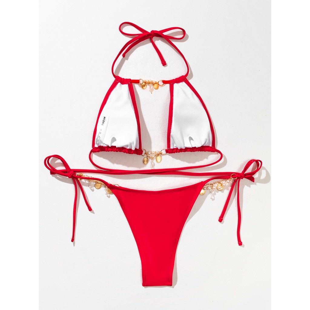 Bikini 2 mảnh đính đá - 2021 new pearl jewelry nylon swimsuit European and American solid color sexy