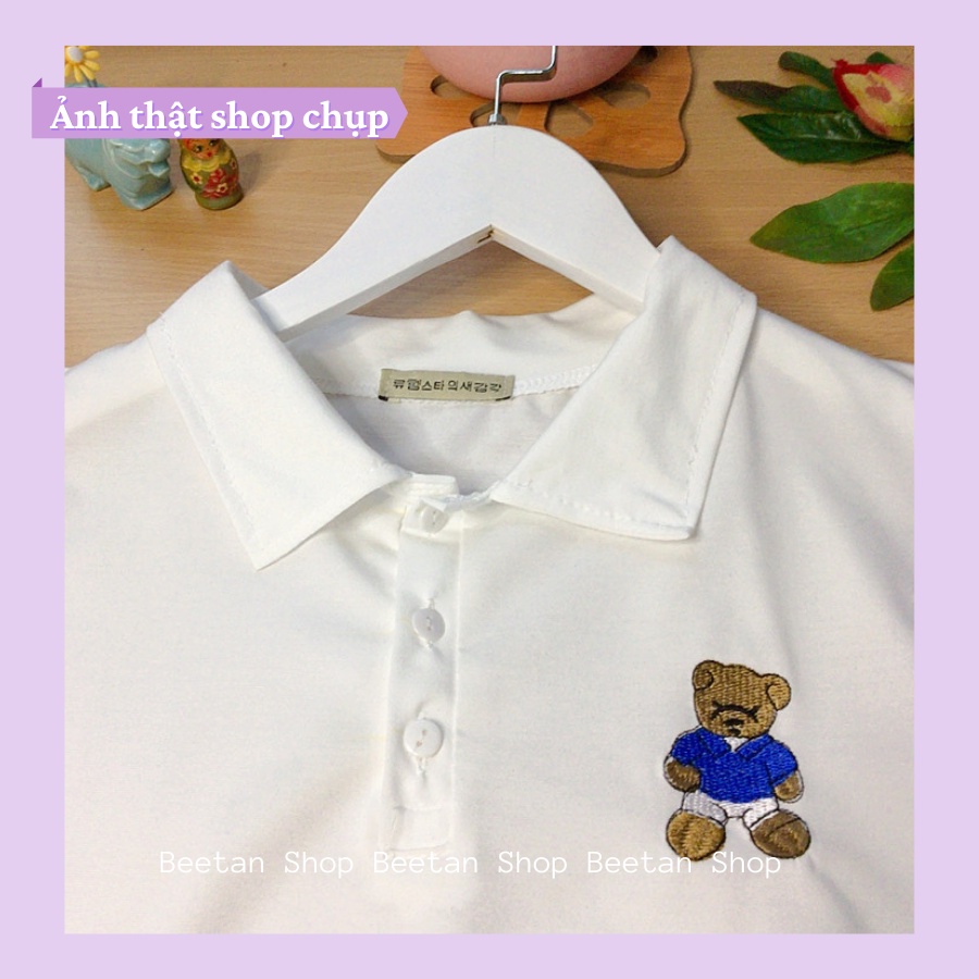 Áo croptop nữ ngắn tay có cổ - áo polo nữ dáng ngắn thêu gấu