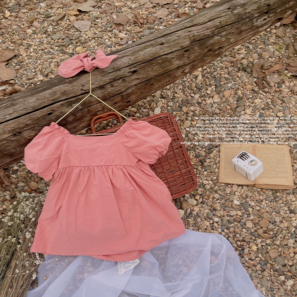 Váy babydoll tay phồng phối nơ lưng kèm băng đô bé gái 1 2 3 4 tuổi MINTSCLOSET Mint's Closet - GS1072