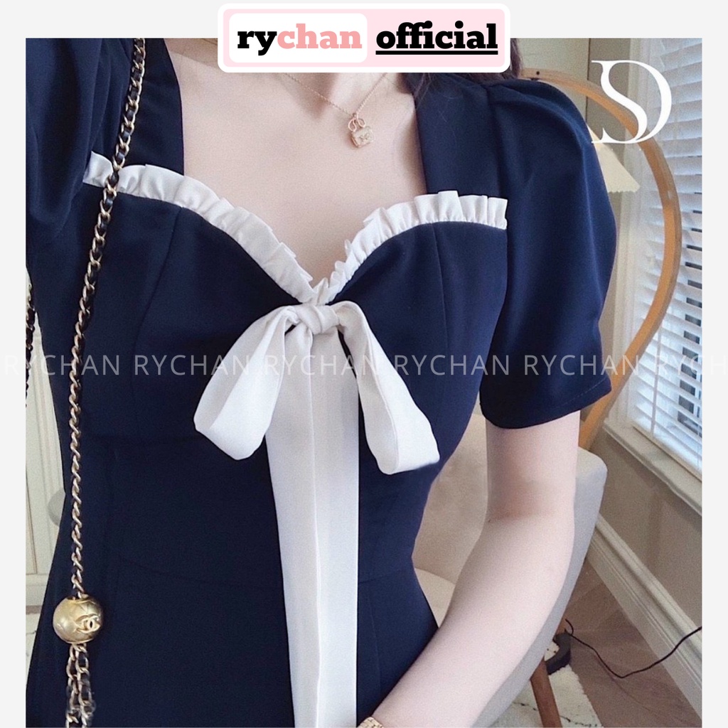Đầm Xòe Xanh Tay Phồng Cổ Nơ Đính Bèo [Ảnh Thật Cuối] - DX0112