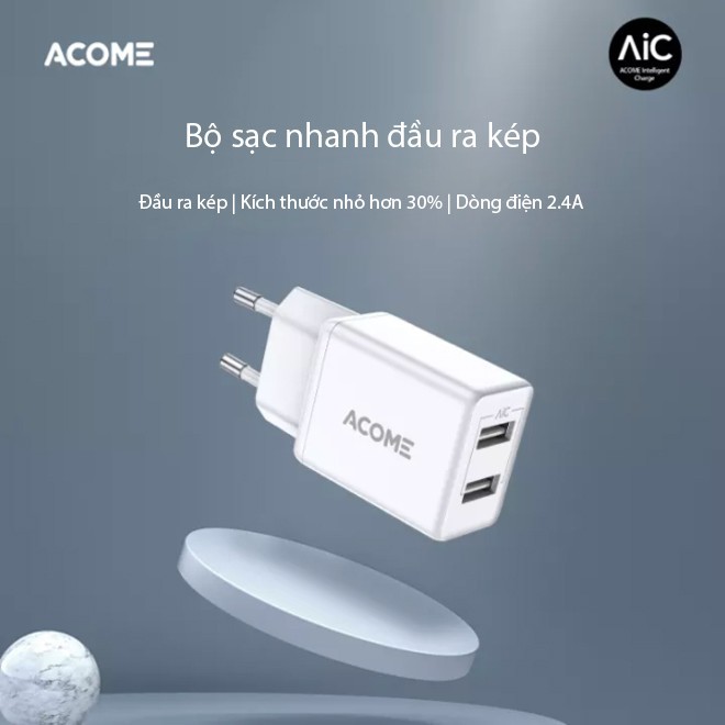Cốc Sạc ACOME AC03 2 Cổng USB Sạc Nhanh 2.4A Tương Thích Với Các Dòng Điện Thoại Android/iOS - BẢO HÀNH 12 THÁNG