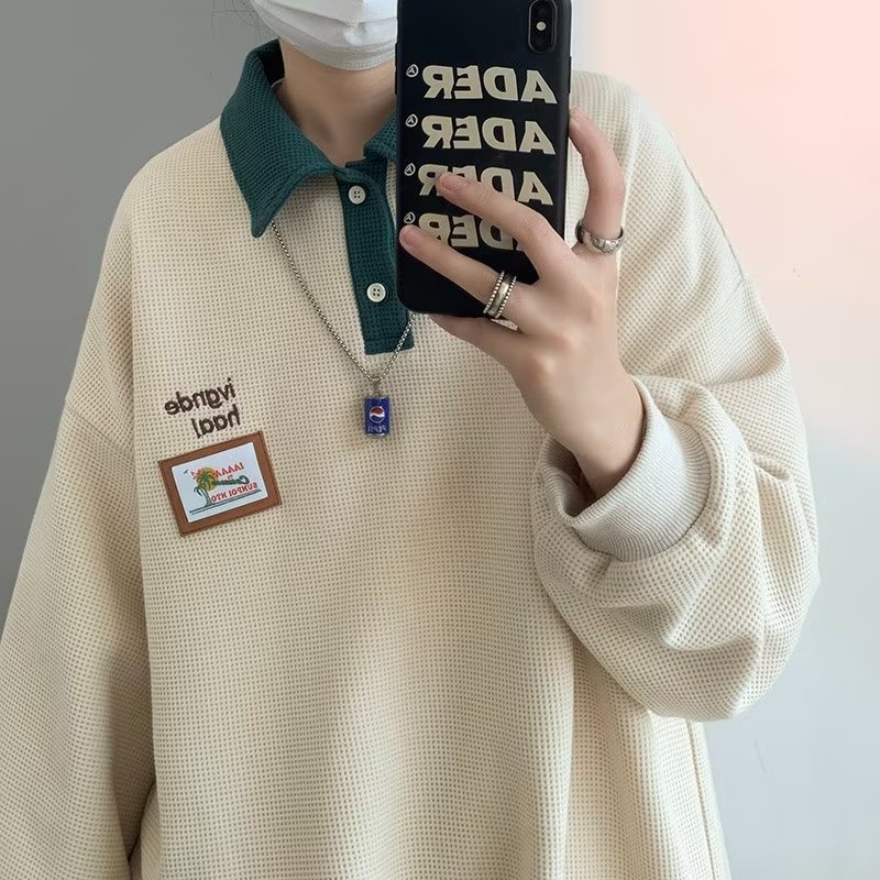 Áo Sweater POLO Dáng Rộng Dài Tay Phong Cách Nhật Bản Thời Trang Mùa Thu Dành Cho Nam