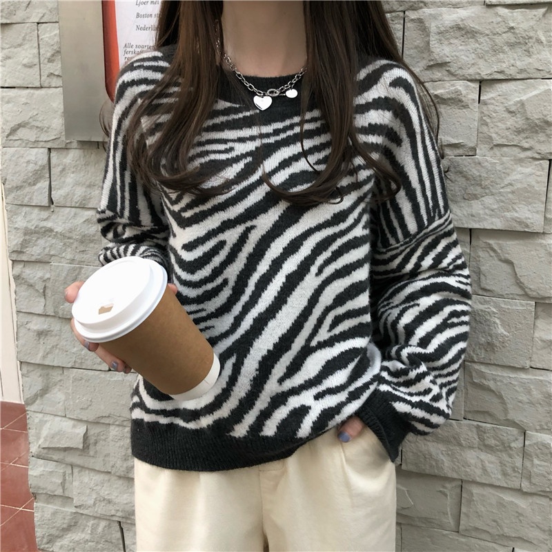 Áo sweater ZHELIHANGFEI tay dài dáng rộng in họa tiết sọc ngựa vằn phong cách retro cá tính trẻ trung