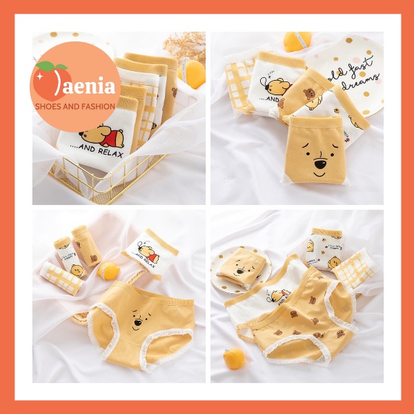Quần Lót Nữ Cotton Nâng Mông Co Dãn 4 Chièu Hoạ tiết Gấu Pooh Vàng JAENIA
