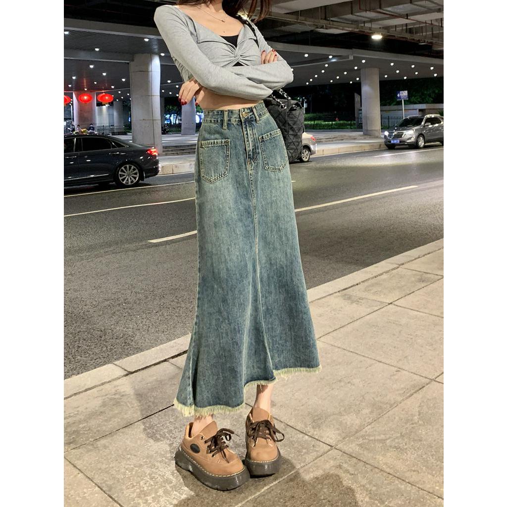 62431 Raw Edge Váy Denim Dài Ngang Hông
