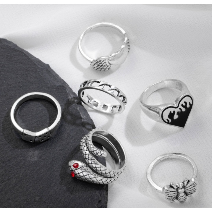 Set 6 nhẫn màu bạc kiểu dáng đa dạng phong cách gothic vintage hip hop cho nam và nữ
