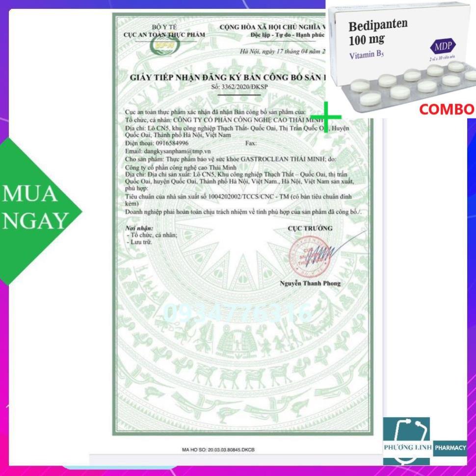 Combo Bedipanten 100mg +  Viên uống Gastroclean Thái Minh hổ trợ cho người bị viêm loét dạ dày, hộp 20 viên