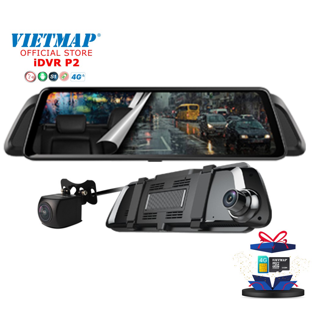 Camera hành trình gương VIETMAP iDVR P2 + thẻ 128GB/64GB/32GB, Sim data-ĐIỀU KHIỂN BẰNG GIỌNG NÓI