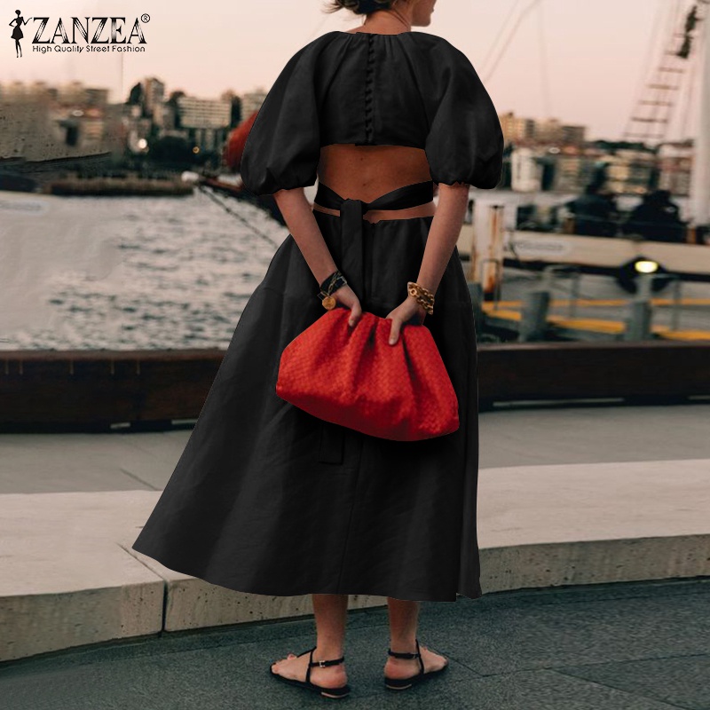 Đầm Zanzea thiết kế dài tay ngắn màu trơn thiết kế khoét eo phong cách châu Âu cho nữ