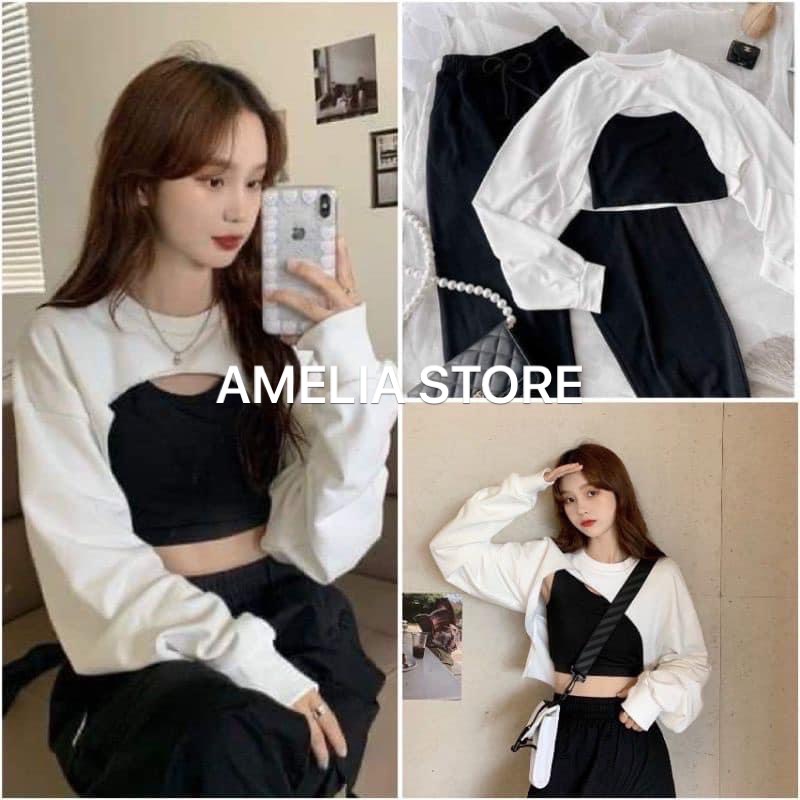 Sét áo croptop khoét ngực rose kèm áo 2 dây chất thun co dãn kiểu dáng hàn quốc, AMELIA