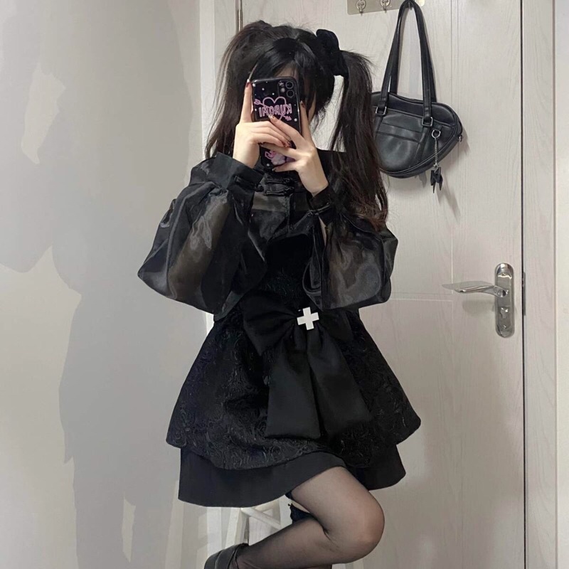 YAS0340-Set váy hoa hồng đen phong cách Trung Hoa cá tính