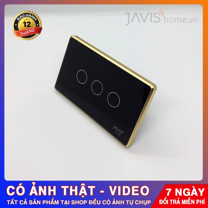 Công tắc thông minh JAVIS 3 Gang có viền vàng. Công tắc cảm ứng WIFI điều khiển bằng tiếng Việt qua loa Google,Loa JAVIS