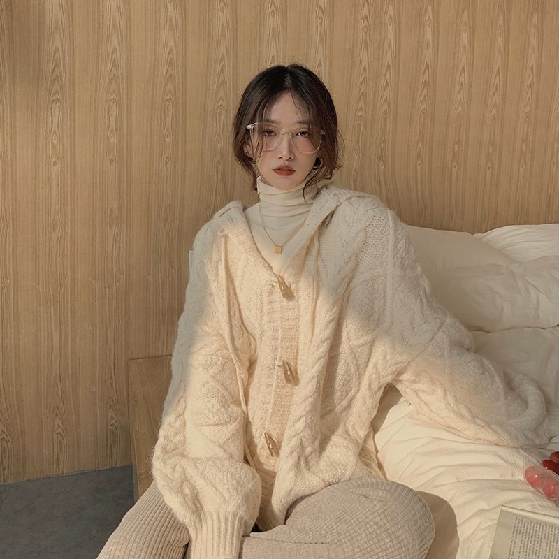 Áo Khoác Cardigan Len Thừng Mũ Nút Ngọc Phong Cách Hàn Quốc ❤️
