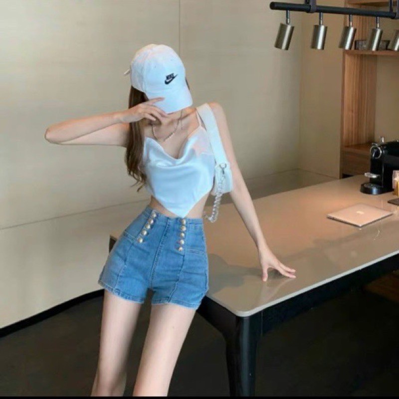 Quần Short Jean Nữ Aiori Trơn Lưng Cao Nhiều Nút Vải Jeans Cotton Co Giãn_Mã 4063