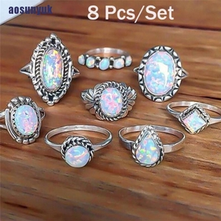 Set 8 nhẫn màu bạc khảm đá opal