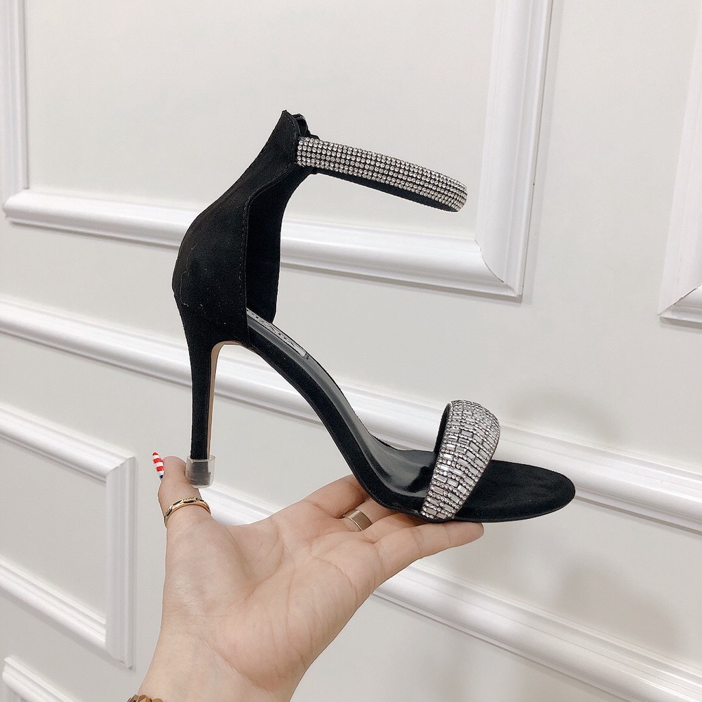 Giày Sandal nữ cao gót 9f quai đính full đá lấp lánh hậu dây kéo hàng cao cấp form chuẩn lên chân siêu đẹp
