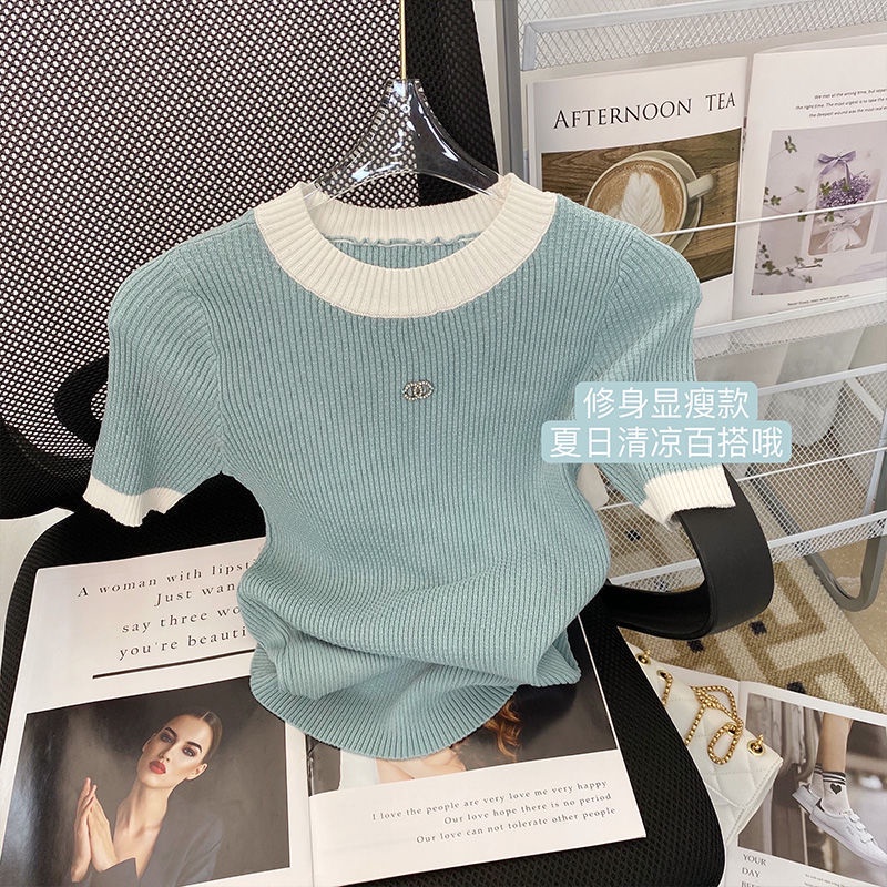 Áo Thun Lụa Lạnh Tay Ngắn Màu Sắc Tương Phản Phong Cách Pháp Thời Trang Mùa Hè Cho Nữ