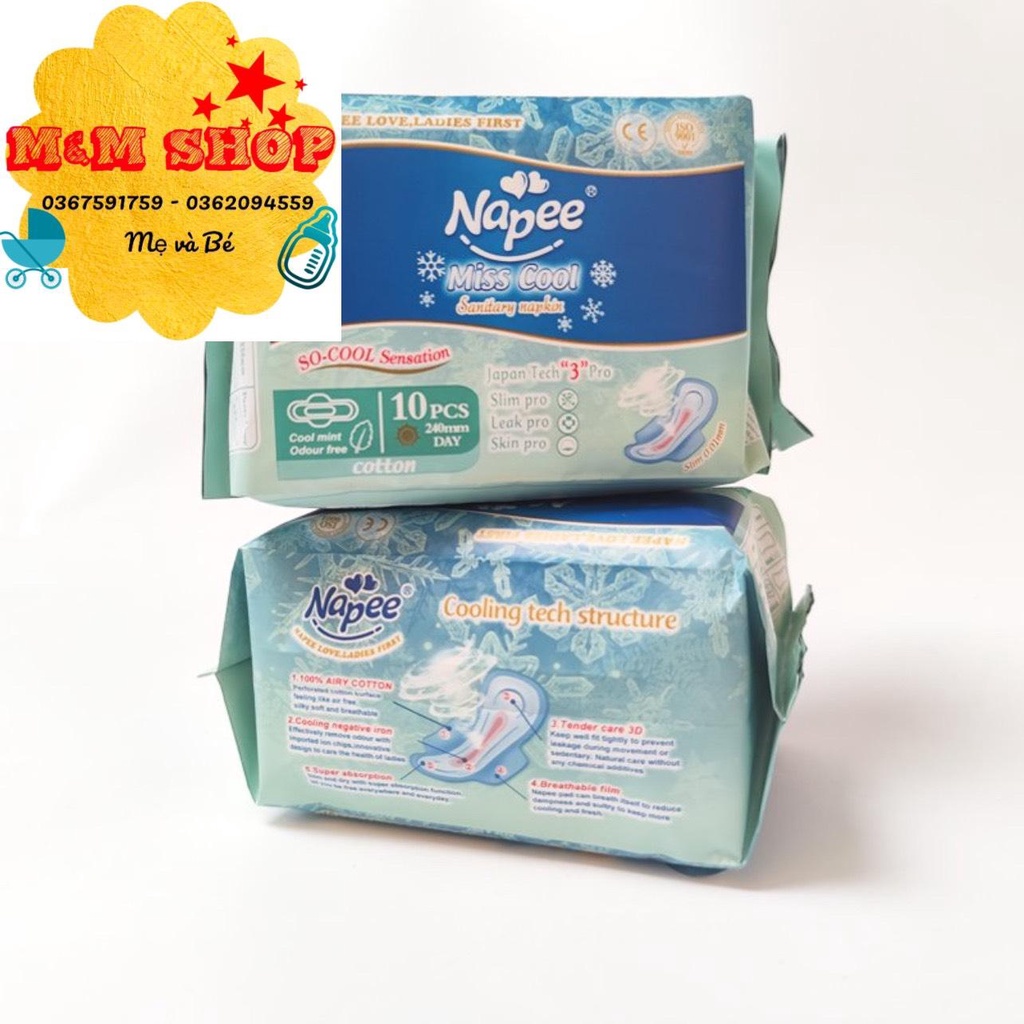 2 gói Băng vệ sinh Napee Miss Cool 24cm 10 miếng/gói the mát chip Anion kháng khuẩn siêu thấm hút, mềm mại