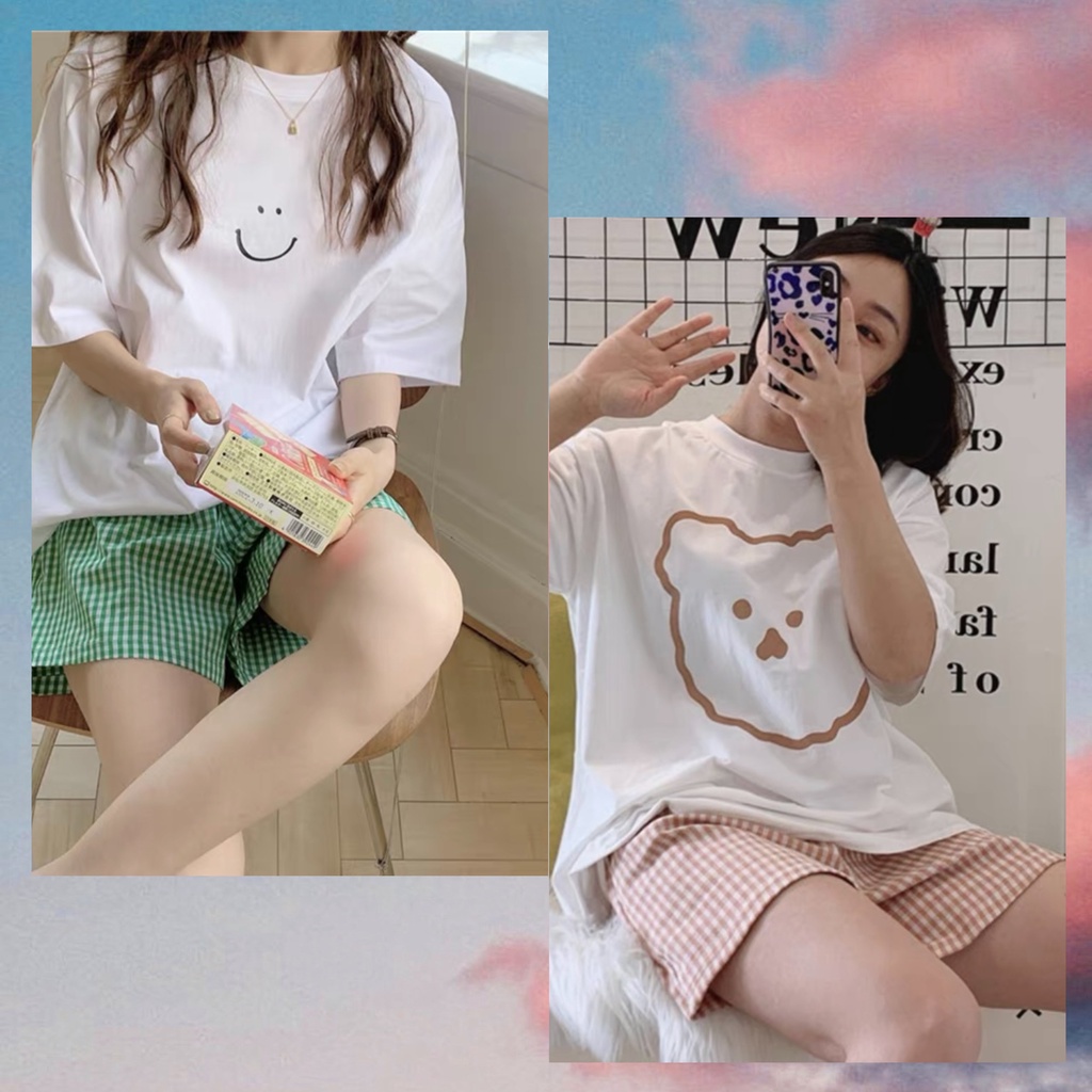 [ẢNH THẬT/CLIP] Bộ đồ ngủ nữ Áo thun cổ tròn Cotton cộc tay Short đũi kẻ caro - Bộ đồ ngủ nữ mặc nhà Pyjama