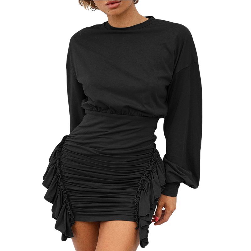 Xiangbao Đầm Ngắn Ôm Dáng Tay Cánh Dơi Dài Cổ Tròn Gợi Cảm Cho Nữ