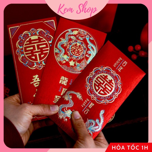 Bao lì xì chữ hỷ trao duyên họa tiết long phượng giấy nhũ cao cấp dùng cho đám cưới, ăn hỏi đại lễ - Kem Shop K286