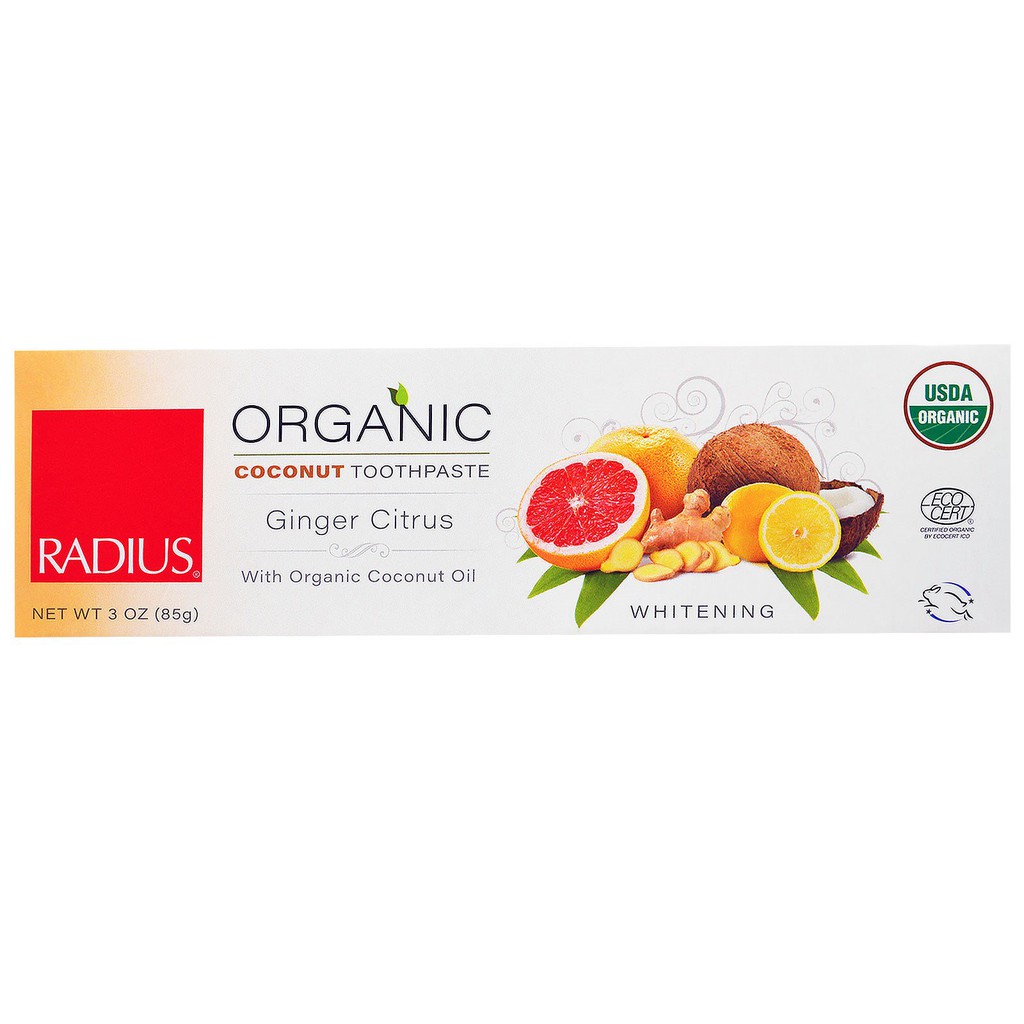[TRẺ LỚN] Kem Đánh Răng Trắng Răng Hữu Cơ Vị Cam, Quýt, Gừng Radius - Organic Coconut Oil Toothpaste Ginger Citrus, 85g
