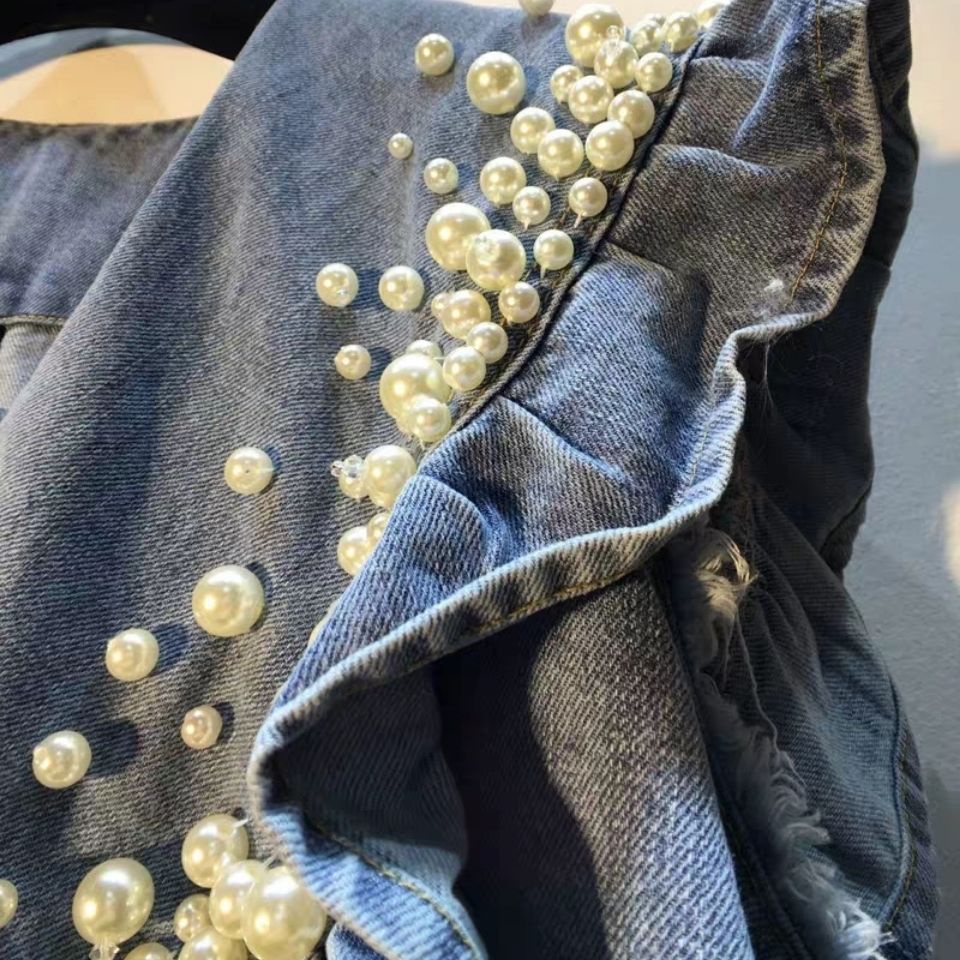 Áo KhoáC Denim Cổ BúP Bê ĐíNh HạT Phong CáCh HàN QuốC MớI