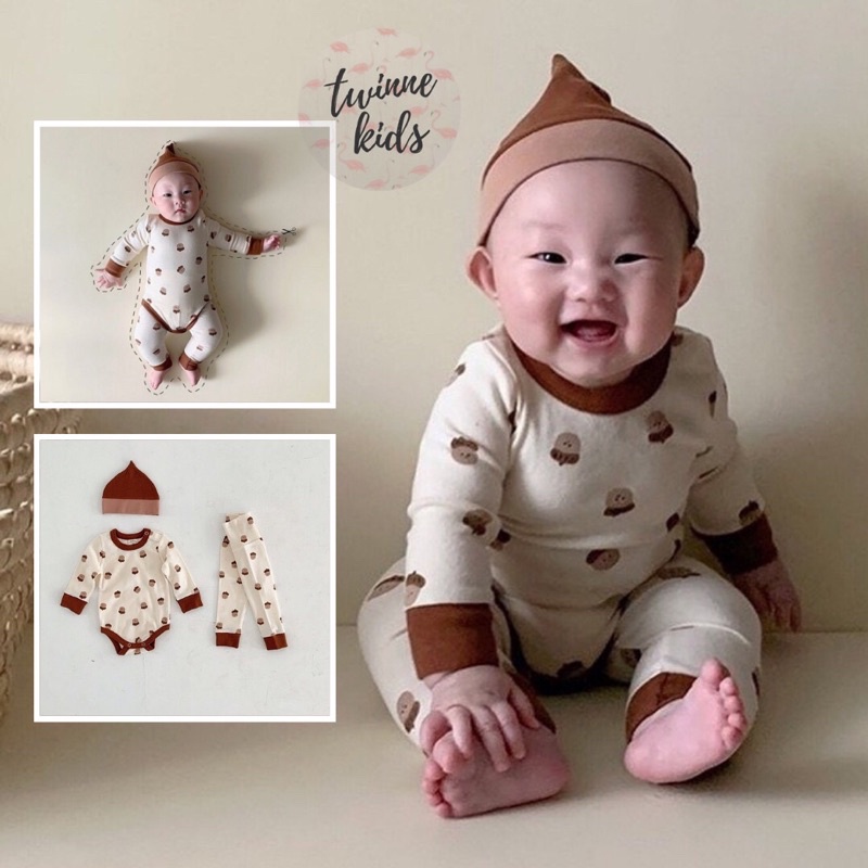 [Acorn Baby] Set đồ 3 chi tiết thu đông áo quần mũ, bodysuit sơ sinh chất liệu cotton bé trai 0-24 tháng
