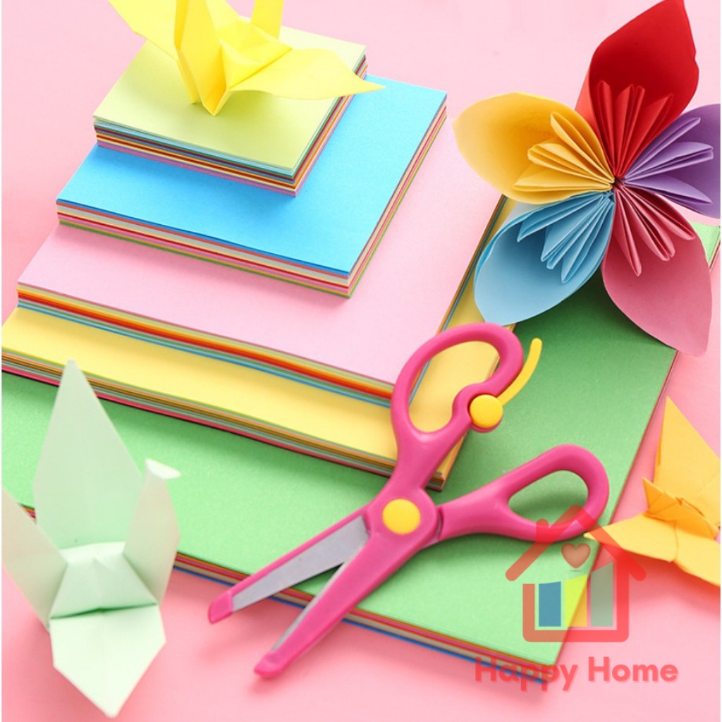 Tệp 100 tờ giấy gấp Origami, giấy thủ công gấp hạc hoa (10 màu tổng 100 tờ) nhiều kích thước Happy Home