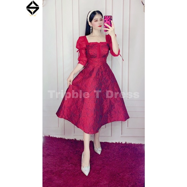 Đầm xoè dự tiệc gấm TRIPBLE T DRESS -size M/L(kèm ảnh thật/video thật)MS273V