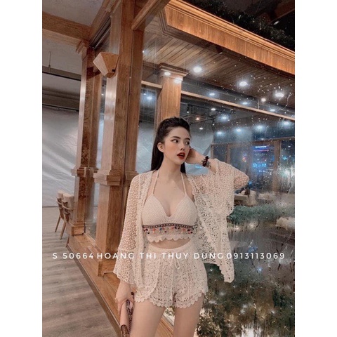 Set Bikini bikini ren đi biển 3 món áo bra-quần sooc- áo choàng bộ bikini len moc br10