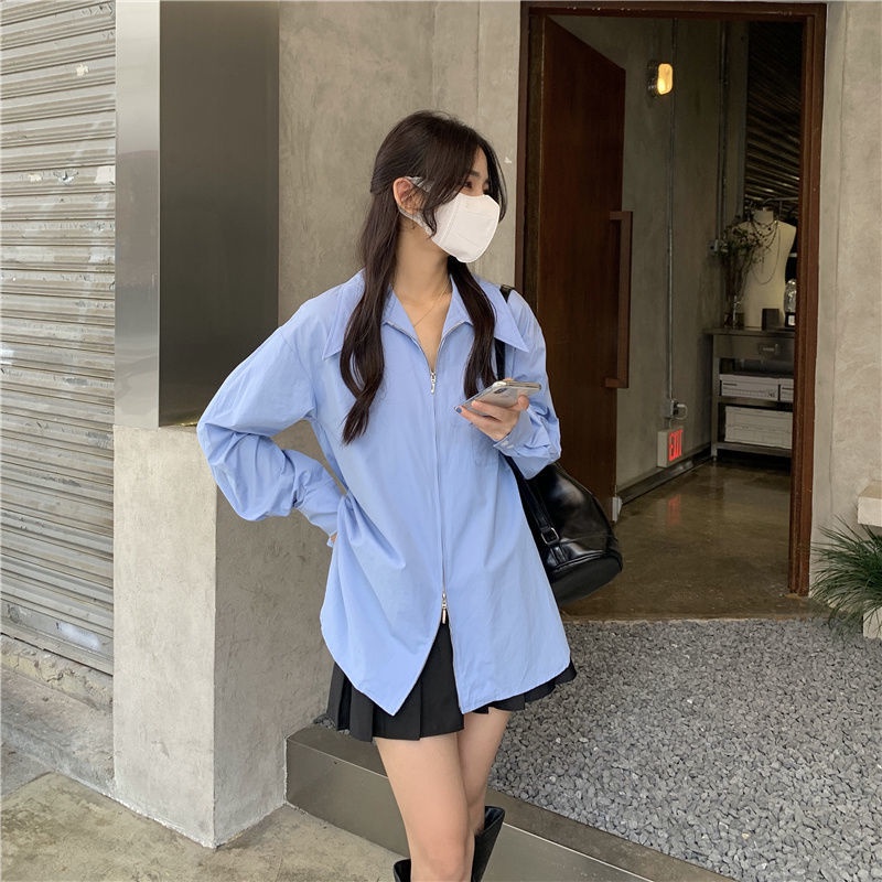 Áo sơ mi trắng dáng rộng phối khóa kéo thời trang mùa thu mới cho nữ