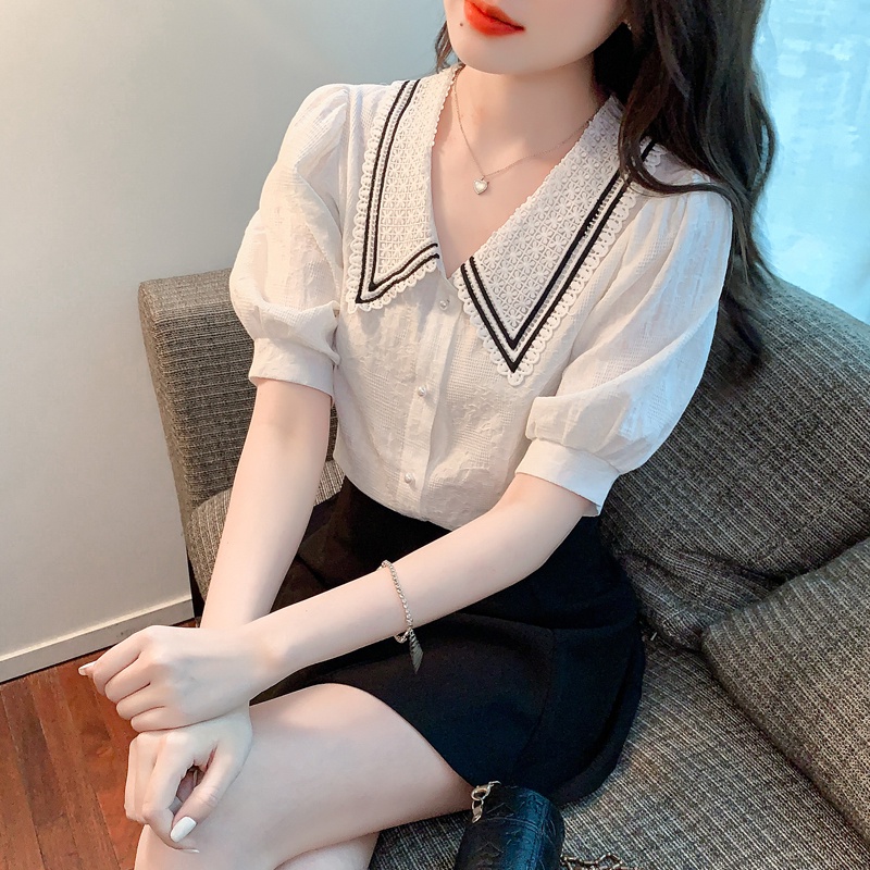 Áo Chiffon Tay Ngắn Phồng Cổ Chữ v Phối Ren Ngọt Ngào Thời Trang Mùa Hè Cho Nữ