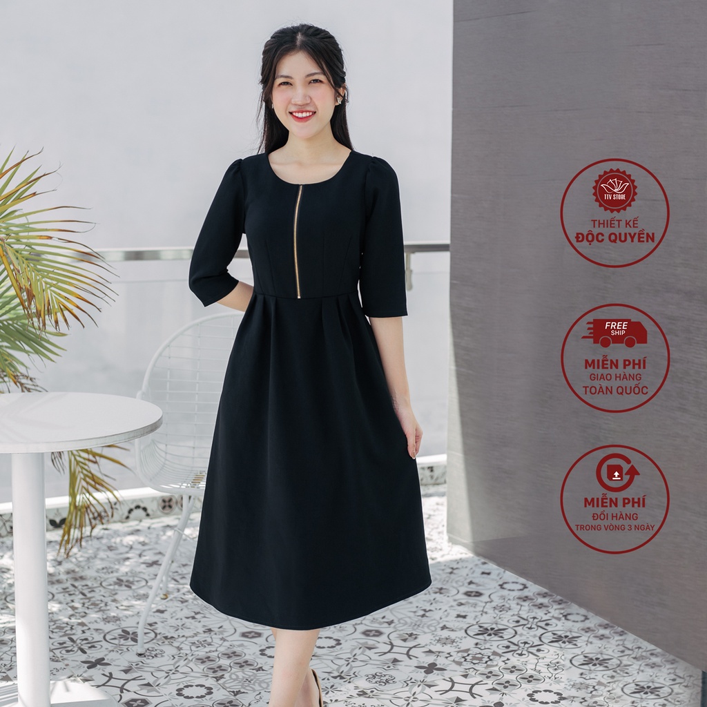 Đầm xòe trung niên cao cấp thiết kế công sở cổ tròn tay ngắn TTV745 màu đen