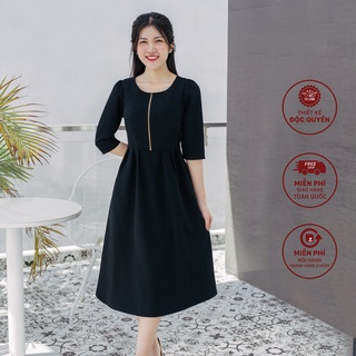 Đầm xòe trung niên cao cấp thiết kế công sở cổ tròn tay ngắn TTV745 màu đen